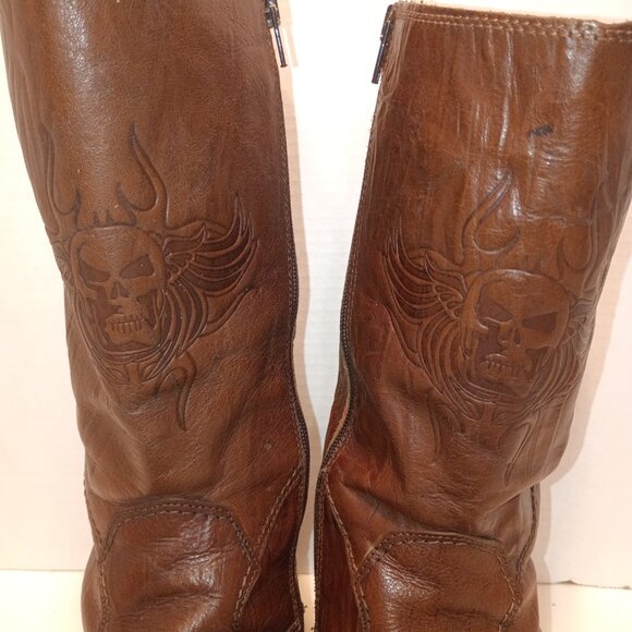 '80s ALDO Men's Sz 44EU/11US Brown Tall Boots Sq Toe Skull/Flames Embossed Zip - Picture 4 of 14